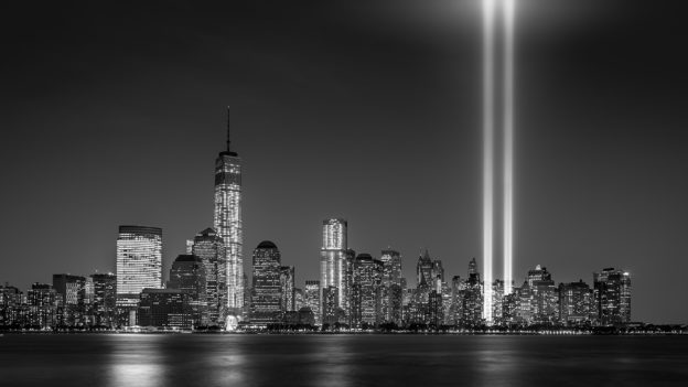 Manhattan skyline with light memorial